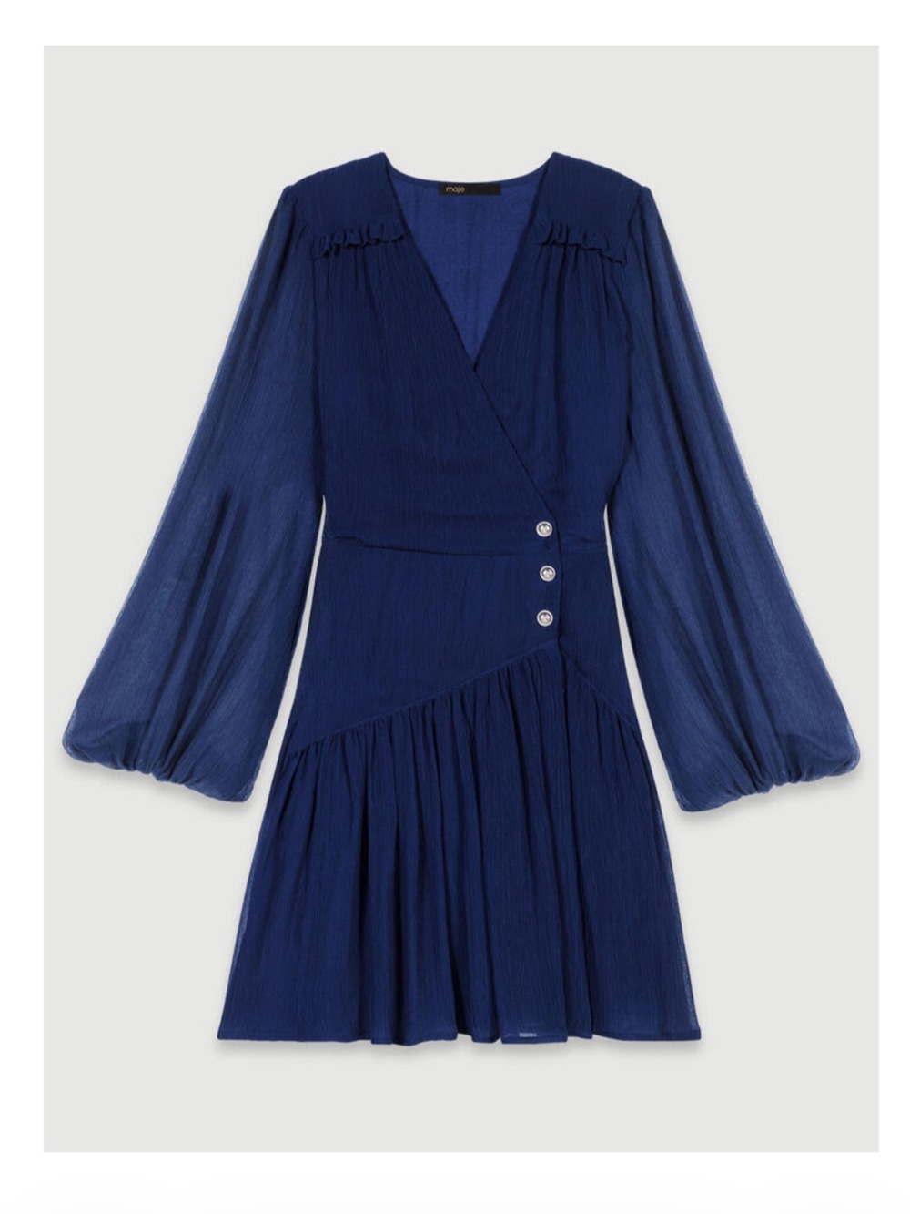 Maje Rory ruffled Navy Long-Sleeve Wrap Dress with Button Detail